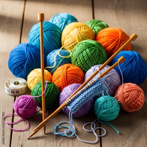 Yarn balls in vibrant colors sit on a rustic wooden surface with knitting needles and a measuring tape prepared for a craft project.