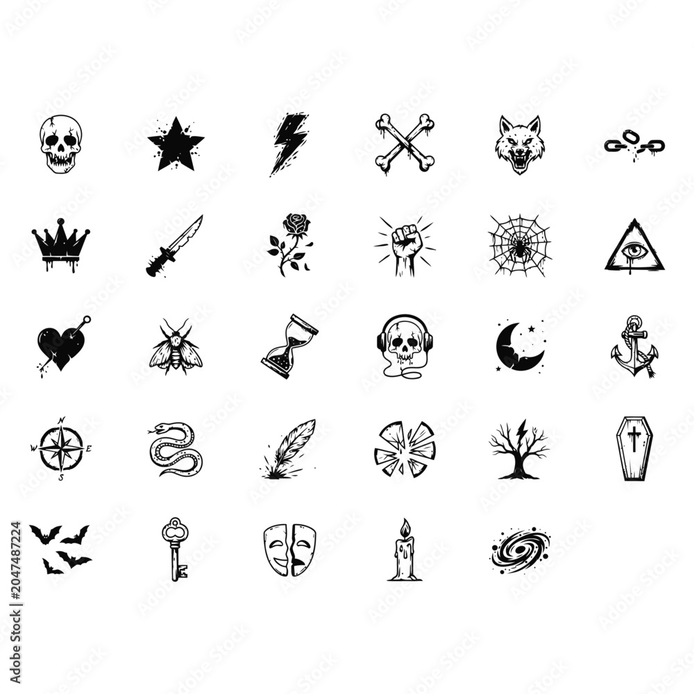 Fototapeta premium Collection of dark and gothic hand-drawn with skulls roses and mystical symbols
