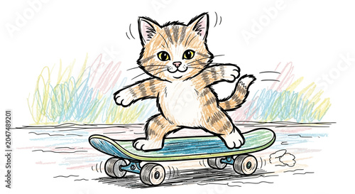 Cute Cartoon Tabby Kitten Riding a Skateboard