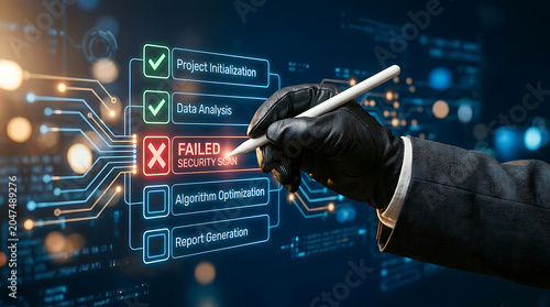 Cybersecurity threat and data breach detection, digital security breach, hacker detecting risk on virtual network interface, cybersecurity concept