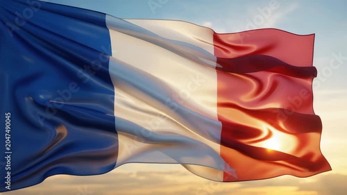 French flag waving in the wind against sunset sky, national flag of France with blue white and red stripes, patriotic tricolor fabric texture