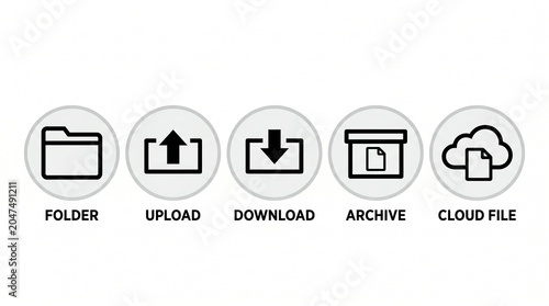 Icons representing digital file operations, storage, and cloud management; visual metaphors of organization, accessibility, and streamlined workflow efficiency.