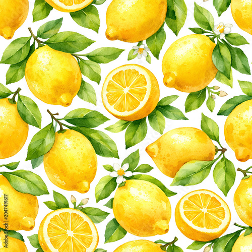 Watercolor lemon citrus seamless pattern.