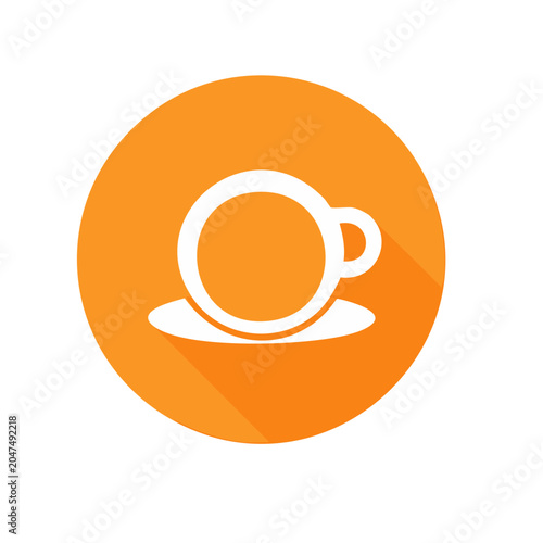 White coffee cup and saucer icon with long shadow