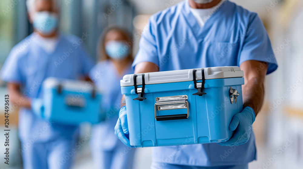 Obraz premium Medical team in scrubs and gloves carrying an organ transport cooler through a hospital corridor, organ transplant surgery and urgent care concept, faceless, defocused, with copy