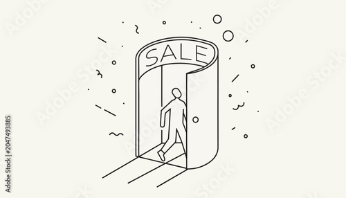 Person entering a revolving door leading to a sale event, symbolizing opportunity and shopping.