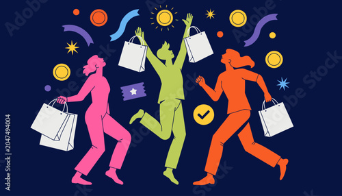 Joyful shoppers celebrating with bags and confetti, embodying the excitement of a sale
