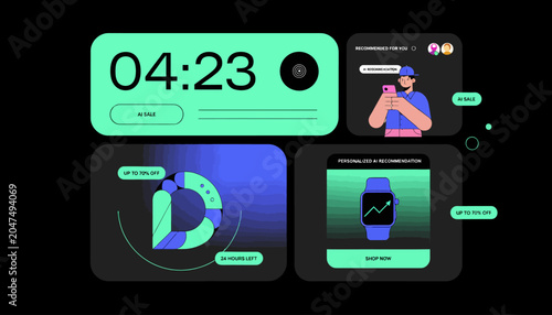 Digital interface displaying time, chat, and health data on a dark background