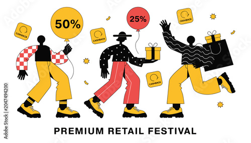 Joyful shoppers celebrate discounts and retail festival with gifts and balloons