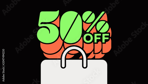 Vibrant 50% off sale graphic with shopping bag for retail promotion