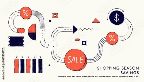 Abstract diagram illustrating the flow of shopping season savings and discounts.