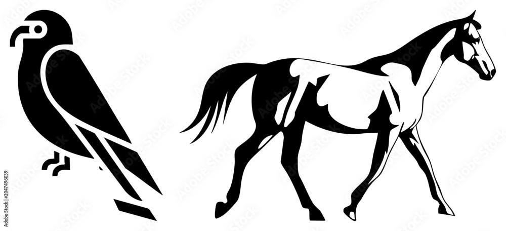 Obraz premium Striking stencil style composition featuring a dark corvid alongside a graceful equine silhouette. This high contrast duo captures a majestic steed and a watchful bird.