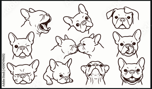 Photos French bulldog faces in expressive cartoon line art showing playful emotional po