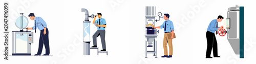 Set of four industrial engineers and technicians operating and inspecting various factory machinery and equipment in a professional setting.