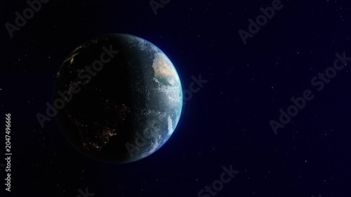 Cinematic 4K view of Earth from outer space with dramatic half-light atmosphere, glowing continents, and starry deep space background. Futuristic global planet animation.