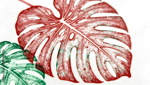Artistic close-up of a tropical monstera leaf painted with vibrant red, green, white, and black brushstrokes. Contemporary botanical artwork featuring abstract textures, splatter effects, and expressi