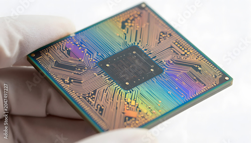 Close-up of an iridescent semiconductor microchip held in a gloved hand, showcasing intricate circuit pathways and advanced electronic architecture. High-tech concept representing intelligent
