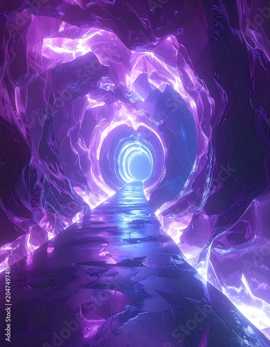 A purple-lit tunnel with a glowing blue portal at the end
