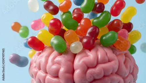 Creative conceptual illustration of a human brain surrounded by colorful candy beans on a pastel blue background. Symbolic representation of nutrition, sugar consumption, food choices, cognitive ad,