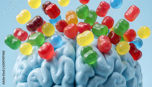 Creative conceptual illustration of a human brain surrounded by colorful candy beans on a pastel blue background. Symbolic representation of nutrition, sugar consumption, food choices, cognitive ad,