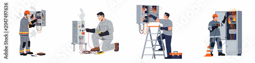 Professional electricians repairing damaged electrical panels and machinery in industrial settings, featuring smoking equipment, sparks, and electrical fires.