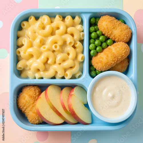 Colorful kids lunch tray featuring creamy macaroni and cheese, breaded chicken nuggets, green peas, fresh apple slices, and a dipping sauce. Healthy and balanced school lunch concept photographed ad