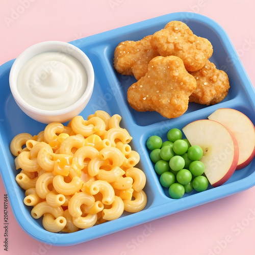 Colorful kids lunch tray featuring creamy macaroni and cheese, breaded chicken nuggets, green peas, fresh apple slices, and a dipping sauce. Healthy and balanced school lunch concept photographed ad