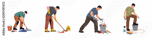 Schilderij op canvas Professional male workers performing janitorial tasks, chemical spill cleanup, and waste disposal in various industrial or commercial settings
