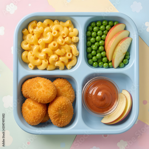 Colorful kids lunch tray featuring creamy macaroni and cheese, breaded chicken nuggets, green peas, fresh apple slices, and a dipping sauce. Healthy and balanced school lunch concept photographed ad
