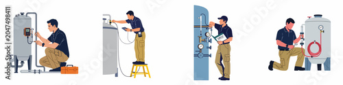 Illustration of a male technician inspecting, calibrating, and repairing industrial boiler and tank systems, featuring maintenance tasks and equipment checkups.