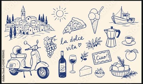 Quadro su tela Hand drawn Italian lifestyle icons with food, culture, and la dolce vita charm