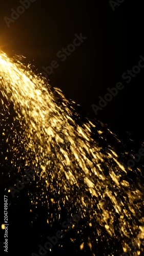 Golden sparks flying diagonally against a dark black background.