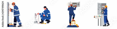 Set of professional male and female electricians in blue overalls performing repairs, testing, and maintenance on electrical panels and control boxes.