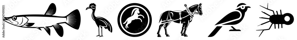 Fototapeta premium This set features a sleek, a graceful crane, a spirited stallion, and a bird. These animal silhouettes, including a small bug, provide clean for various creative projects.