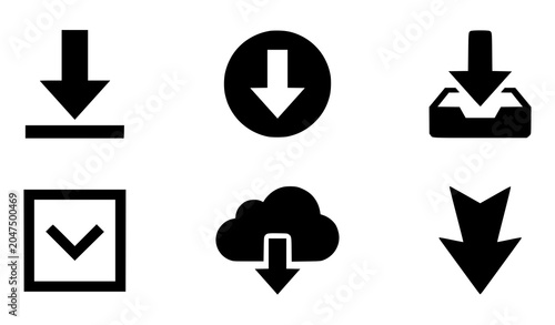 Download and Cloud Storage Icon Set Featuring Black Silhouette Arrow Symbols for File Transfer Digital Media Apps Website Interfaces and Data Computing Information Technology