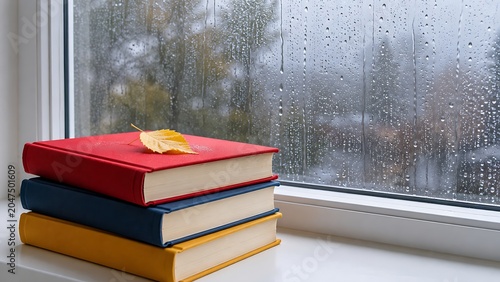 Stack of Colorful Books on a Windowsill with Rain Outside

High‑resolution still life: a stack of three hardcover books with solid covers (red, navy, mustard) sitting on a white windowsill. 