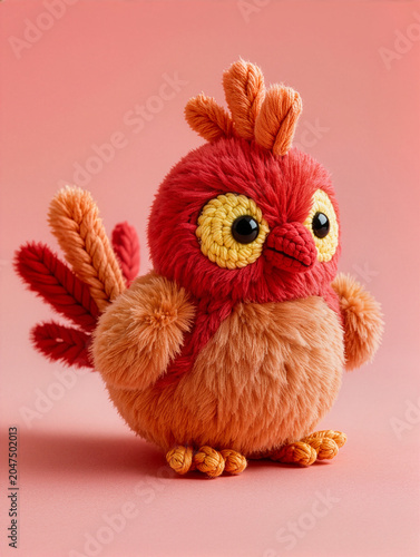 A cute handmade crocheted red and orange plush bird toy featuring big yellow eyes, tufted crest, braided tail feathers, sitting on pink background