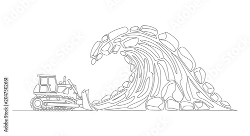 Bild auf Leinwand Bulldozer pushing against a giant wave made of rocks, concept of overcoming obst