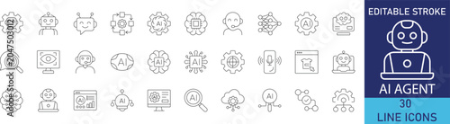 AI agent and autonomous artificial intelligence workflow line icon set. Vector symbols for smart automation, machine learning assistants, cognitive computing, and digital neural bots.