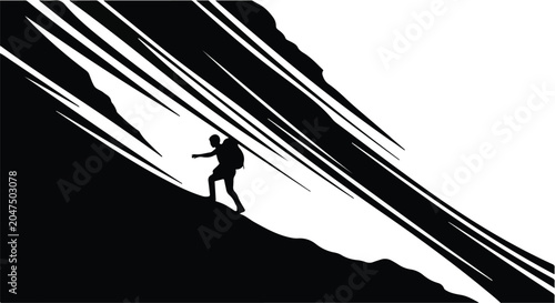Bild auf Leinwand Silhouette of a determined climber ascending a steep rugged mountain slope with