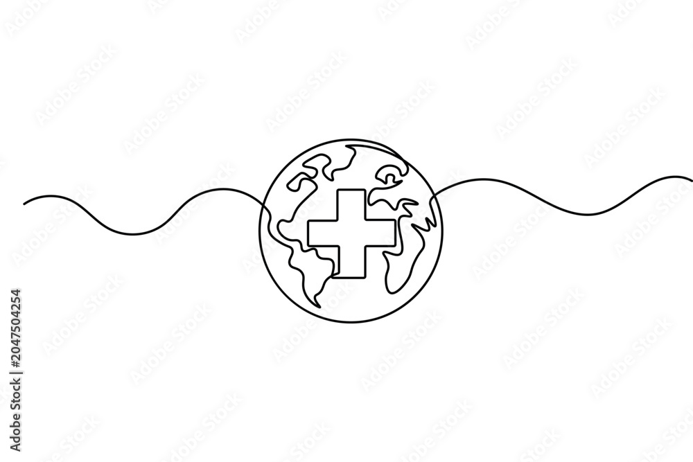 Obraz premium World Health Day continuous line drawing with earth and medical cross outline
