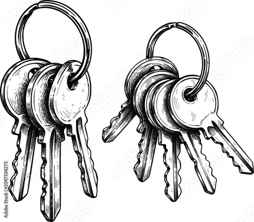 Photos Hand drawn keyring with metal keys, vintage security access tool vector illustra
