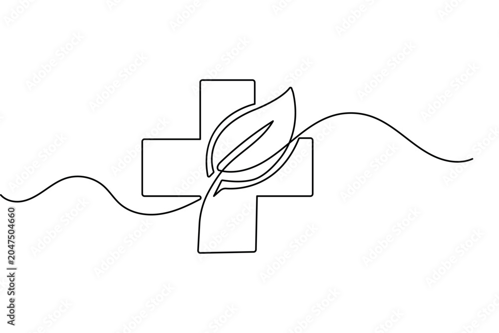 Obraz premium World Health Day continuous line drawing of a medical cross with leaves