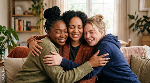 Three diverse women friends hugging warmly and laughing together on a couch in a cozy living room setting