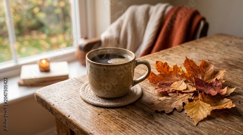 Obraz na plátně Cozy autumn morning with a steaming cup of coffee and fall leaves
