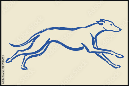 Obraz na plátne Minimalist greyhound running illustration in dynamic stride on beige background
