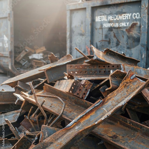 Pile of rusty scrap metal and steel beams at a recycling yard