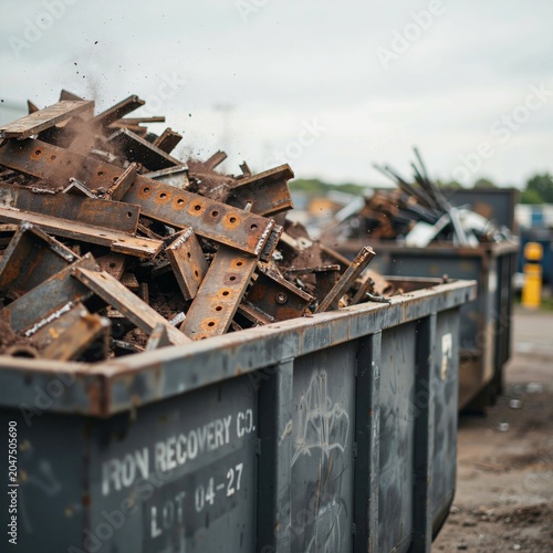 Rusty metal scrap beams and industrial debris in a large metal dumpster