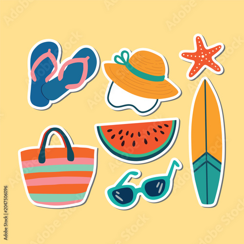 A set of summer beach elements vector. Summer time beach element collection in flat design. Summer tropical beach elements cartoon collection flat vector.