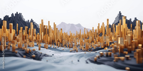 A wide winter panorama reveals a snow-covered mountain landscape under a cloudy sky, where a distant urban city skyline and frosty pine forest line the cold road